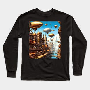 Steampunk Cityscape, Sci Fi Graphic Design Long Sleeve T-Shirt